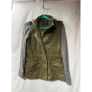 Love Tree Womens Utility Jacket Olive Green Grey Mixed Media Hooded Field Coat M